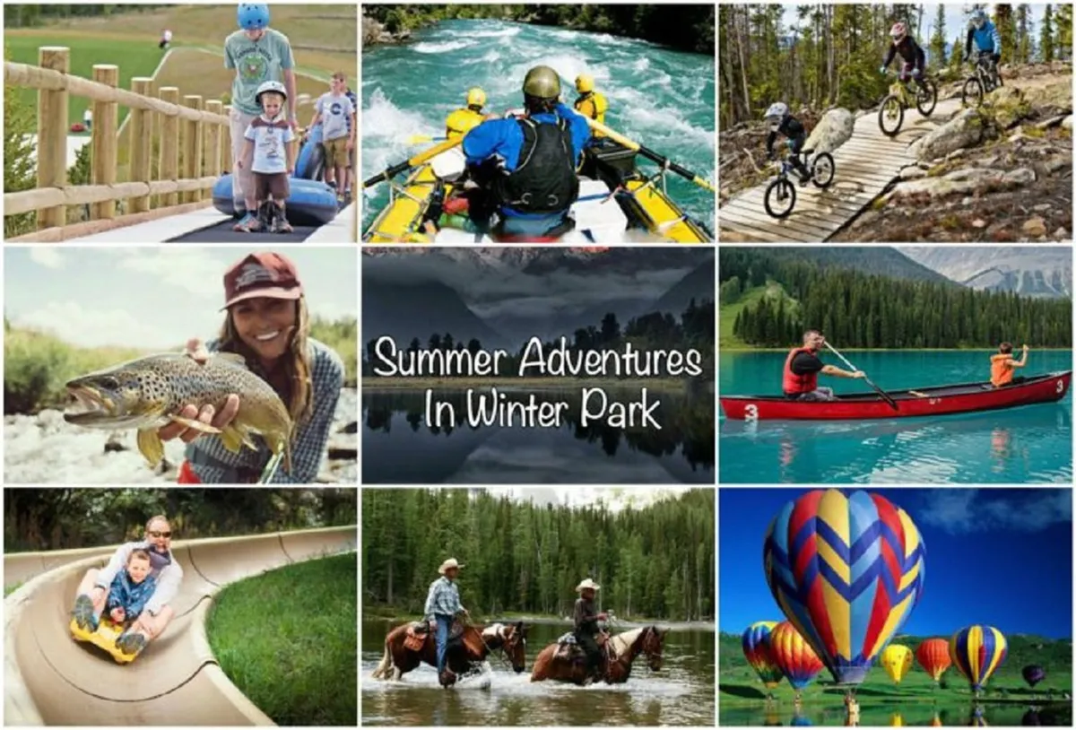A lively image capturing a family immersed in outdoor summer activities: rafting on a river, children biking, fishing, horseback riding, and hot air balloons floating above, all set in a lush, mountainous environment.